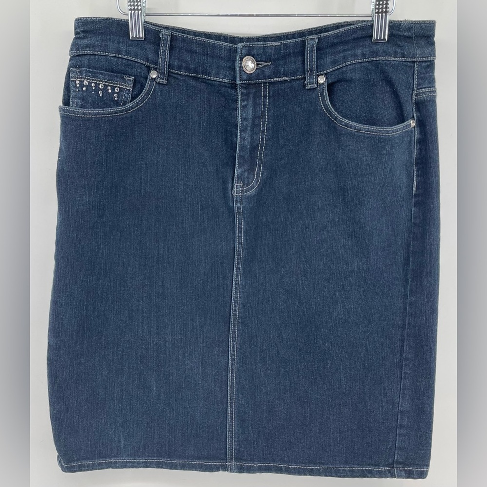 Christopher&Banks‎ Denim Blue Womens Jean Skirt Midi Jeweled Slit Rhinestone 10